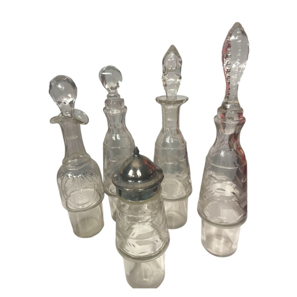 Wilcox? 5 etched glass bottle cruet Condiment Set castor silver plated antique? - Picture 6 of 12